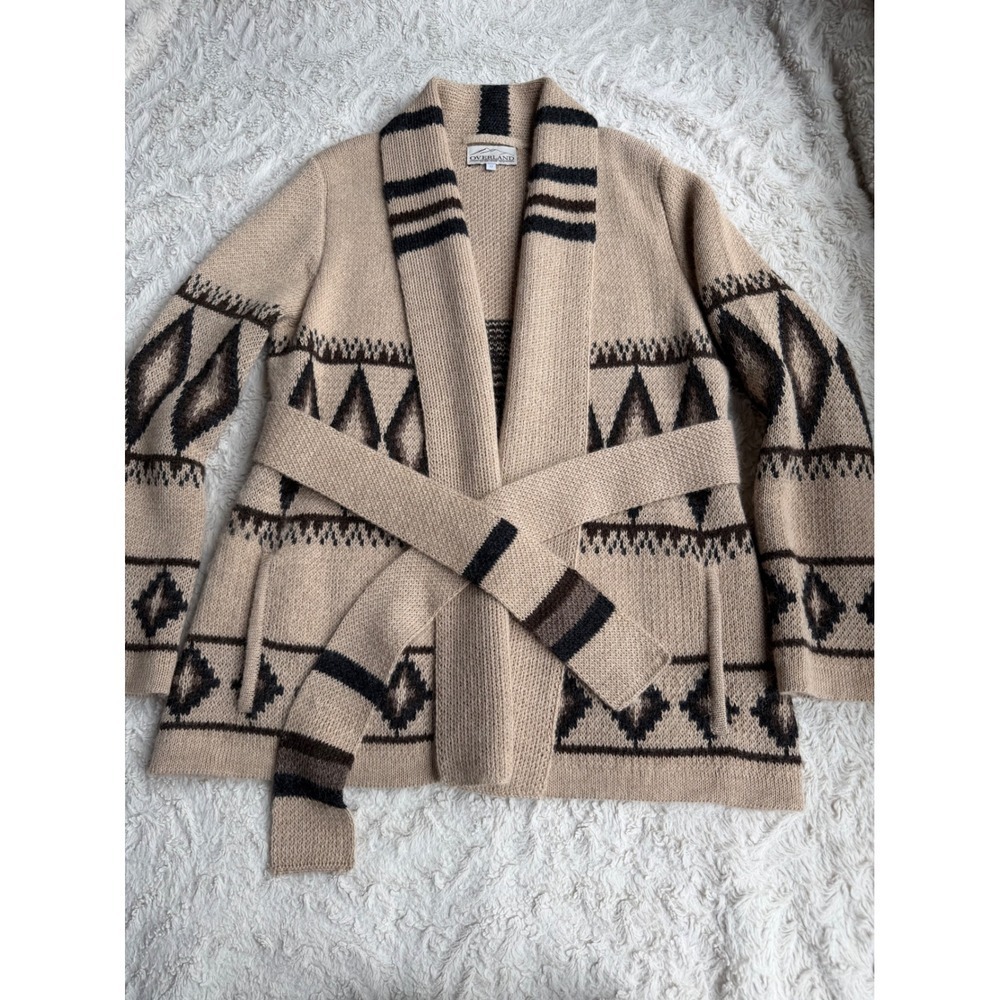 Overland Sylvia Cardigan Sweater Tan Alpaca Belted Tribal Shawl Collar Wool M - Picture 8 of 11